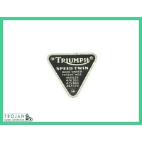 PATENT PLATE BADGE, TRIUMPH, PRE UNIT, 5T SPEED TWIN, GENUINE NOS, 70-1595