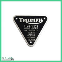 PATENT PLATE BADGE, TRIUMPH, PRE UNIT, T110 TIGER, GENUINE, 70-2910, E2910