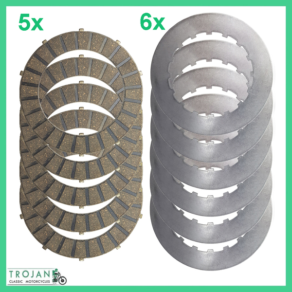 CLUTCH PLATE SET, 5 x FIBRE, 6 x STEEL, TRIUMPH, 500, 650 BSA, 57-1362, 57-1363